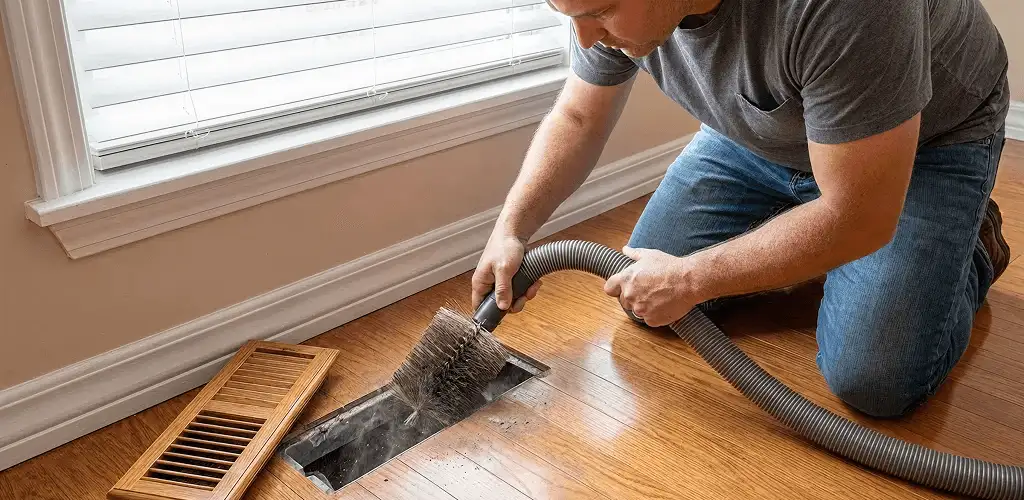 Air duct cleaning technician vacuuming a floor vent and duct opening in Mesa, AZ