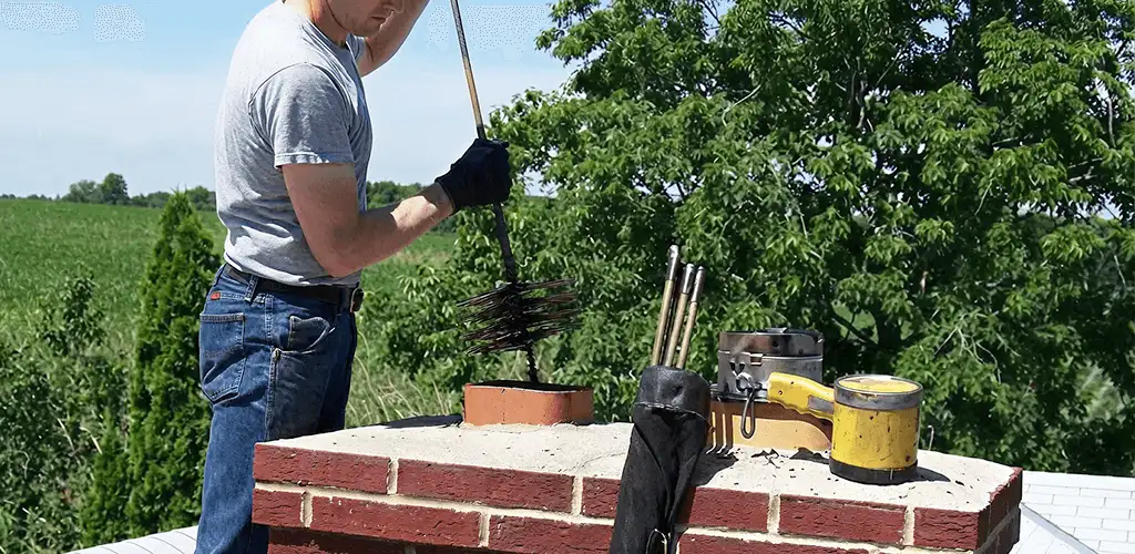 Chimney cleaning technician working on a rooftop chimney with professional tools in Mesa, AZ