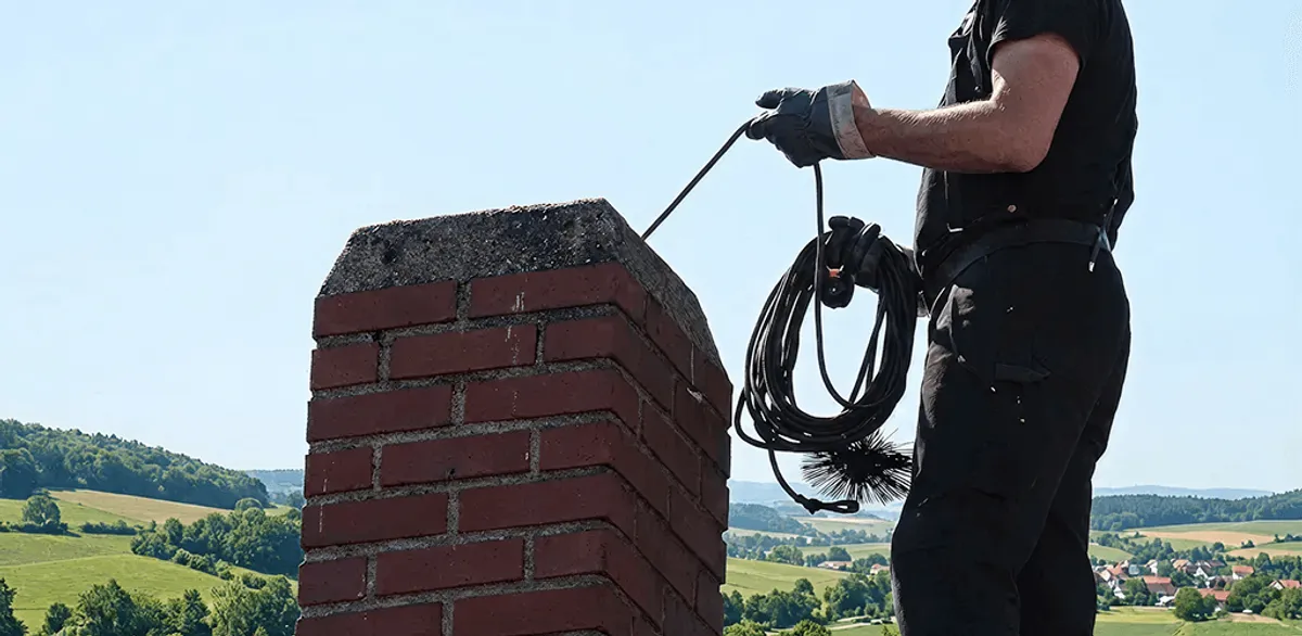 Chimney sweep inspecting and cleaning a rooftop chimney in Mesa, AZ