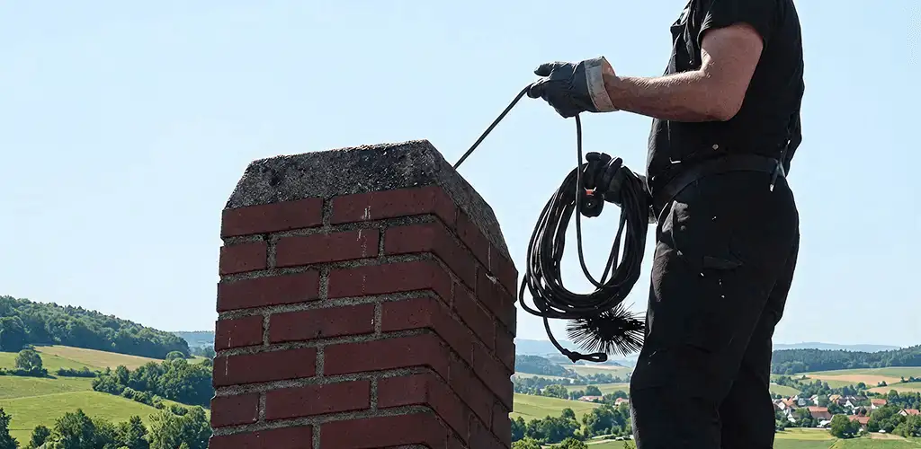Chimney sweep inspecting and cleaning a rooftop chimney in Mesa, AZ