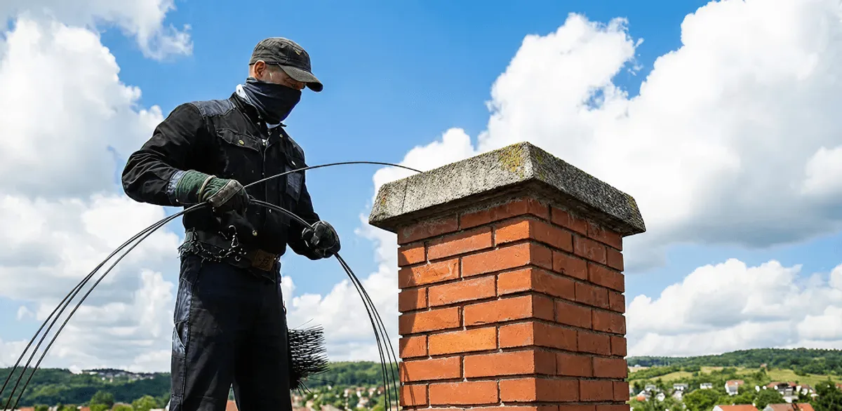 Chimney sweep cleaning a brick chimney with professional tools in Mesa, AZ