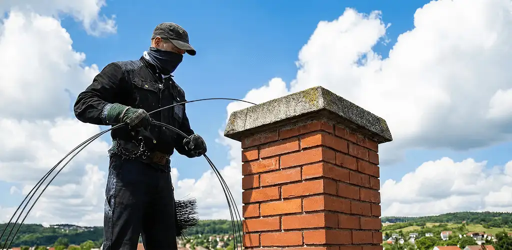 Chimney sweep cleaning a brick chimney with professional tools in Mesa, AZ