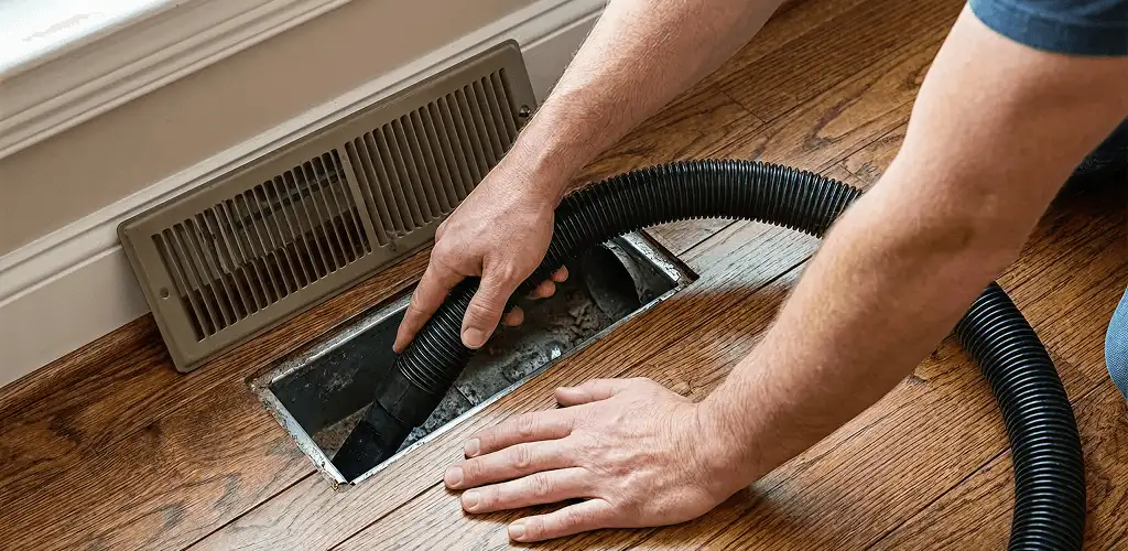 Air duct cleaning technician vacuuming a floor register and duct opening in Mesa, AZ