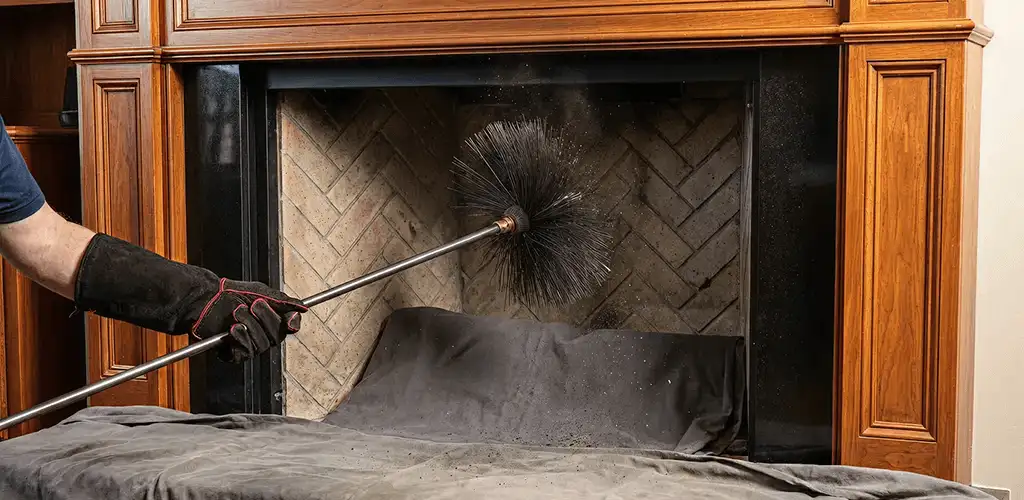 Chimney cleaning service brushing soot from a fireplace and flue in Mesa, AZ