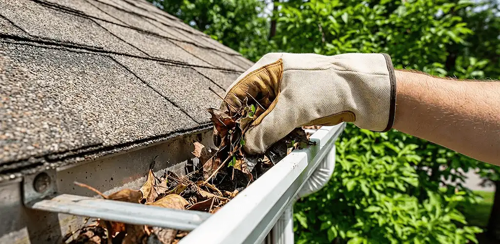 Gutter cleaning removing leaves and debris from roof gutters in Mesa, AZ