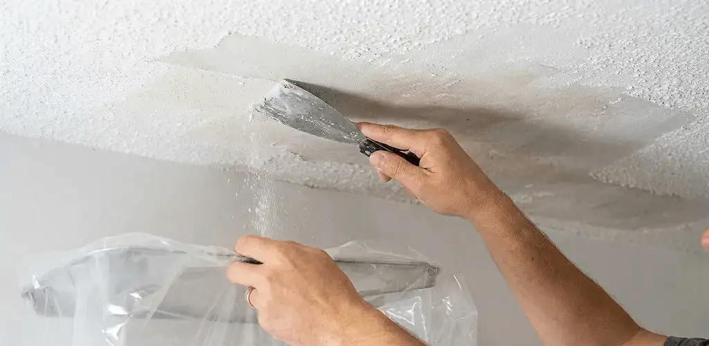 Popcorn ceiling removal technician scraping texture from a ceiling in Mesa, AZ