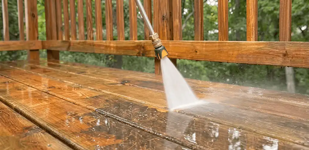 Pressure washing a wood deck to remove dirt and buildup in Mesa, AZ