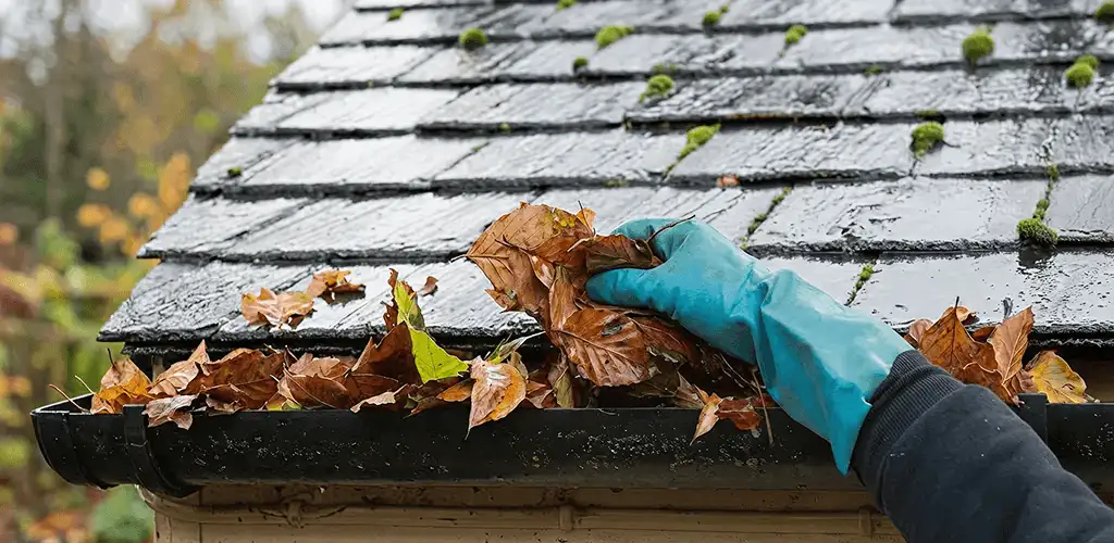 Gutter cleaning technician clearing wet leaves from roof gutters in Mesa, AZ