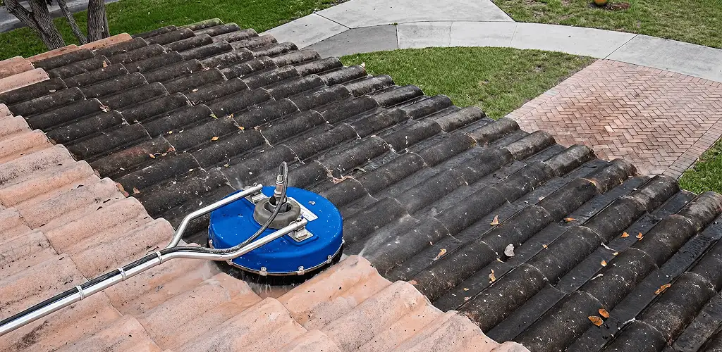 Roof pressure cleaning removing debris and buildup from roof tiles in Mesa, AZ