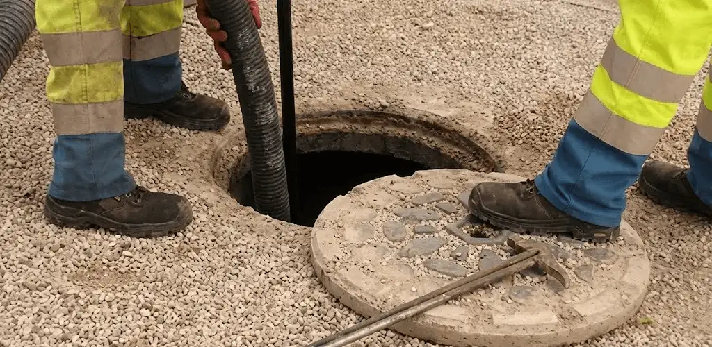 Drain cleaning crew clearing a sewer access point with professional equipment in Mesa, AZ