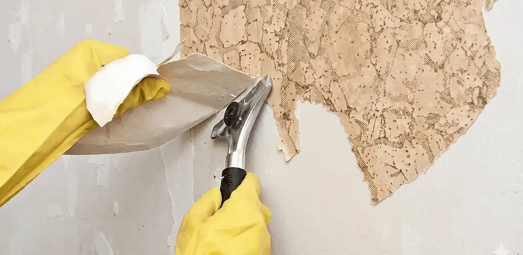 Wallpaper removal service stripping old wallpaper from a wall in Mesa, AZ