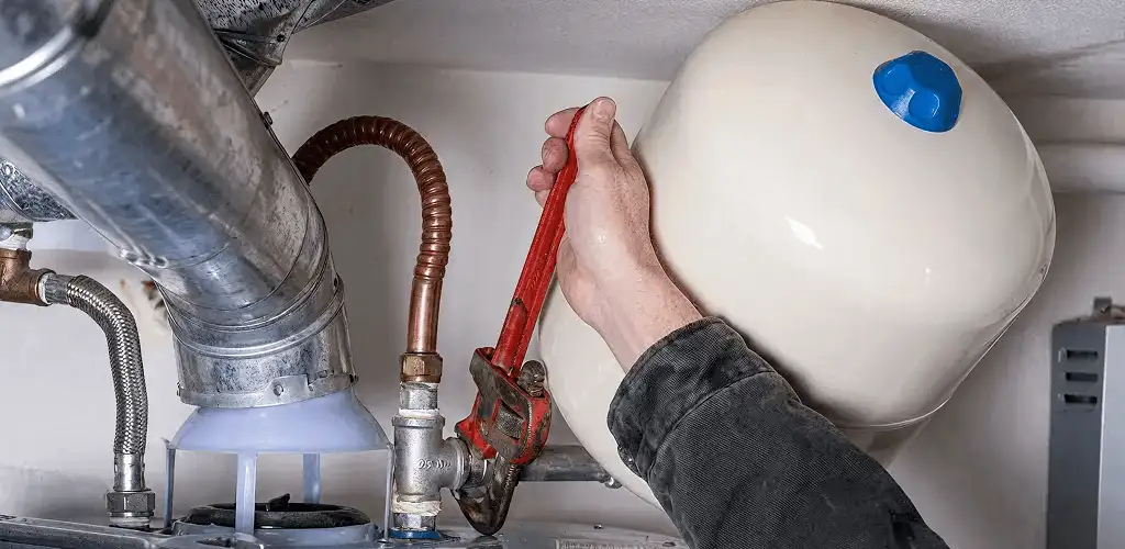 Water heater repair technician tightening plumbing connections near a tank unit in Mesa, AZ
