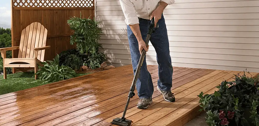 Deck staining service applying stain to a backyard wood deck in Mesa, AZ